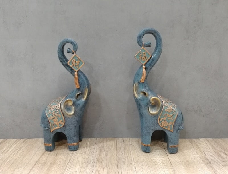 Elephant Figurine Blue and Golden Chinese Home Decor Accent