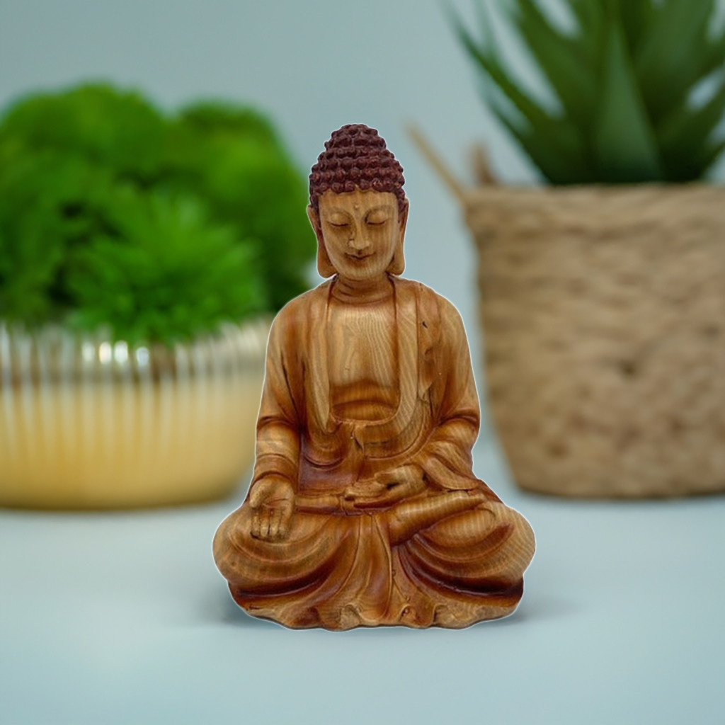 Small Buddha Statue with Wooden Finish - 7 Inch