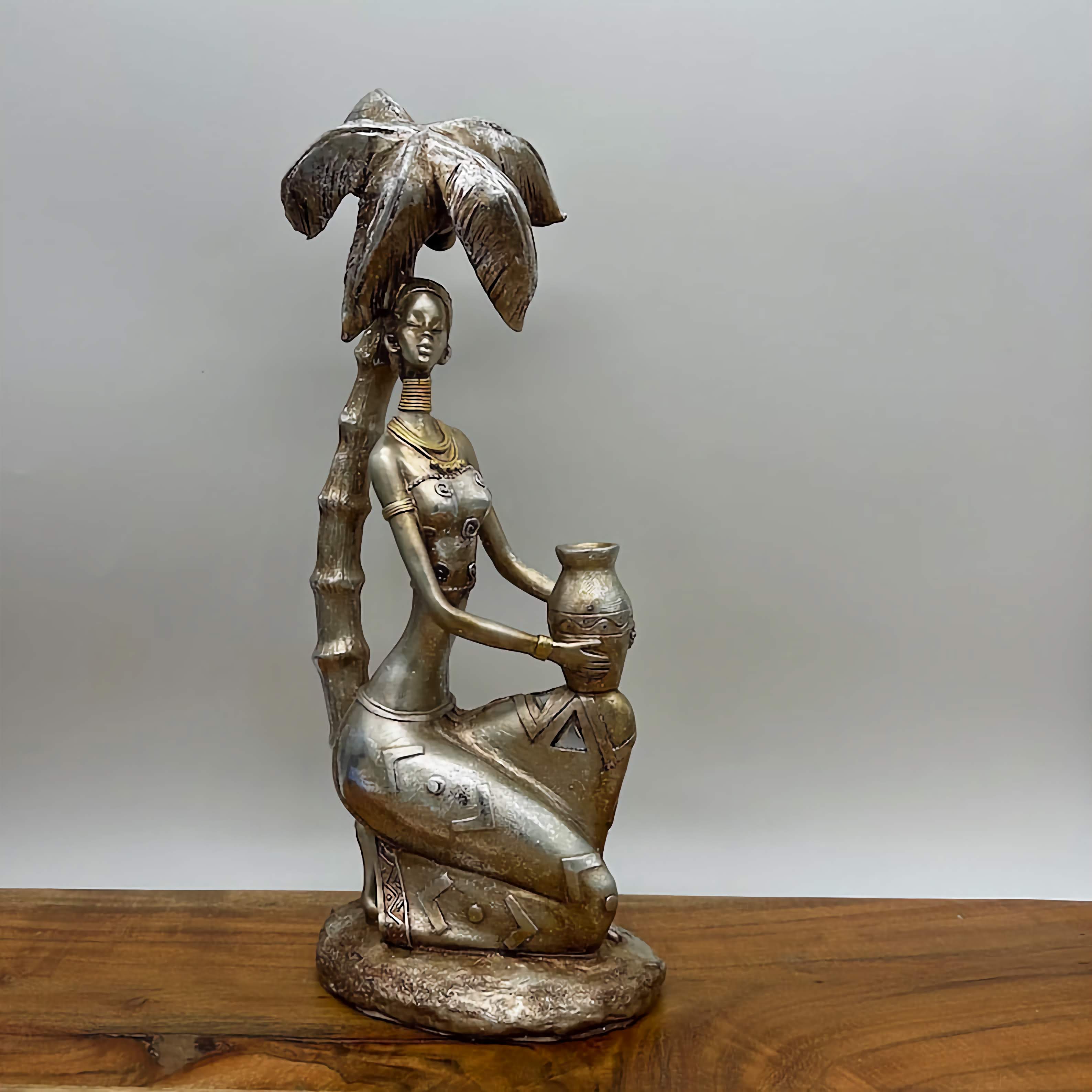 12" African Women Holding Pot Sitting under Coconut Tree Figurine