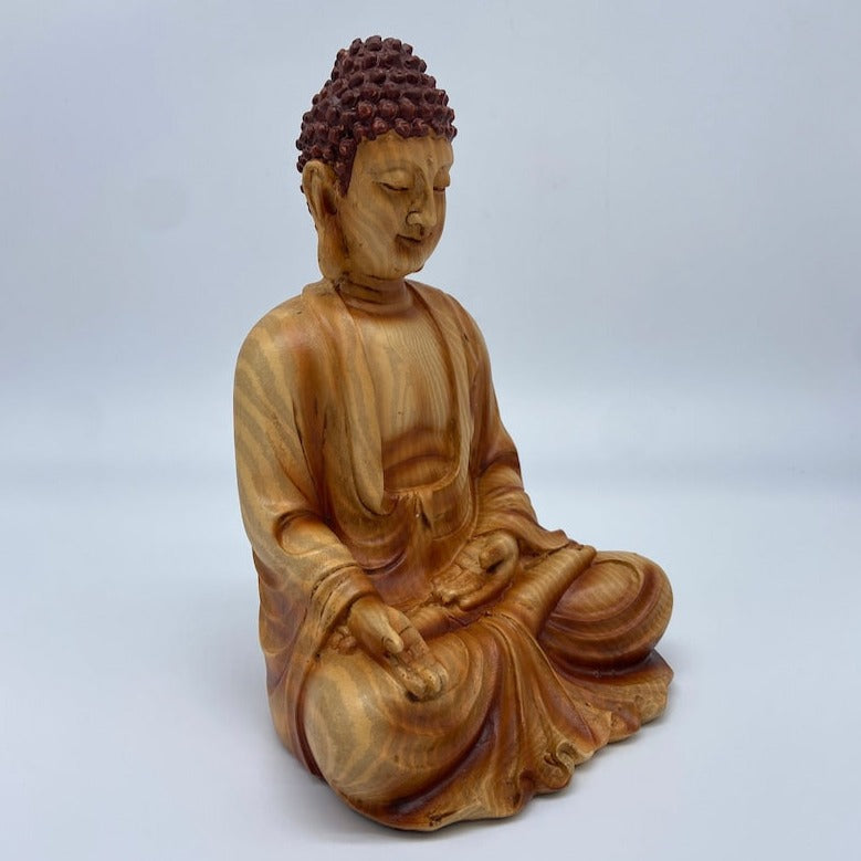 Small Buddha Statue with Wooden Finish - 7 Inch