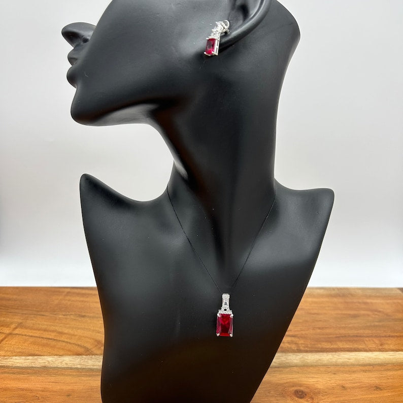 Ruby Red Necklace and Earring Set Women Jewelry