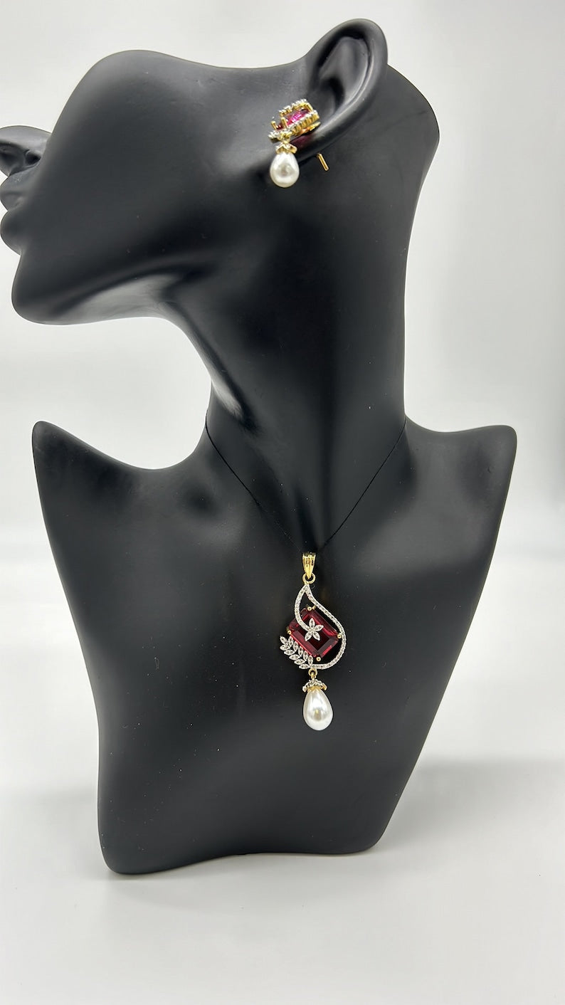 Ruby Red Necklace and Earring Set Women Jewelry